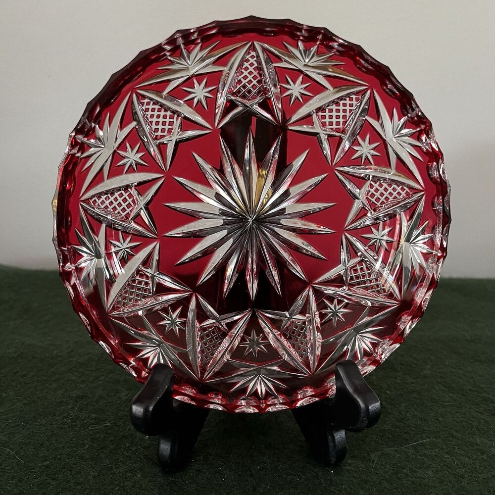 Bohemian Czech Crystal Ruby Red intricate Cut To Clear Bowl Candy Trinket Dish
